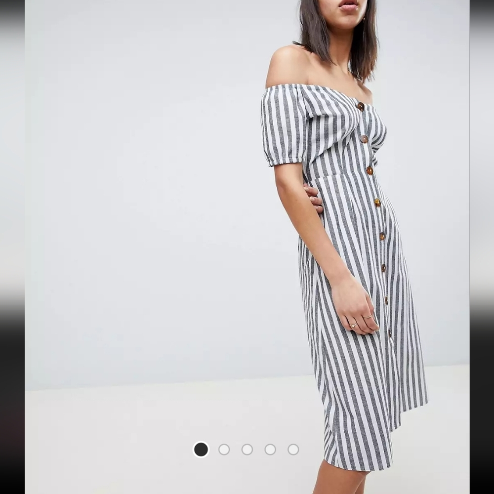 ASOS Design Button Through Midi Off Shoulder Dress - Picture 2 of 7